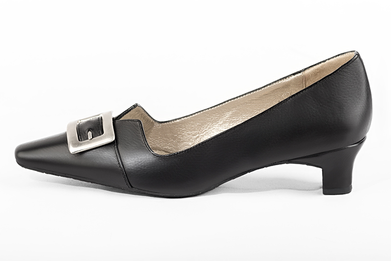 Satin black women's dress pumps,with a square neckline. Tapered toe. Low kitten heels. Profile view - Florence KOOIJMAN
